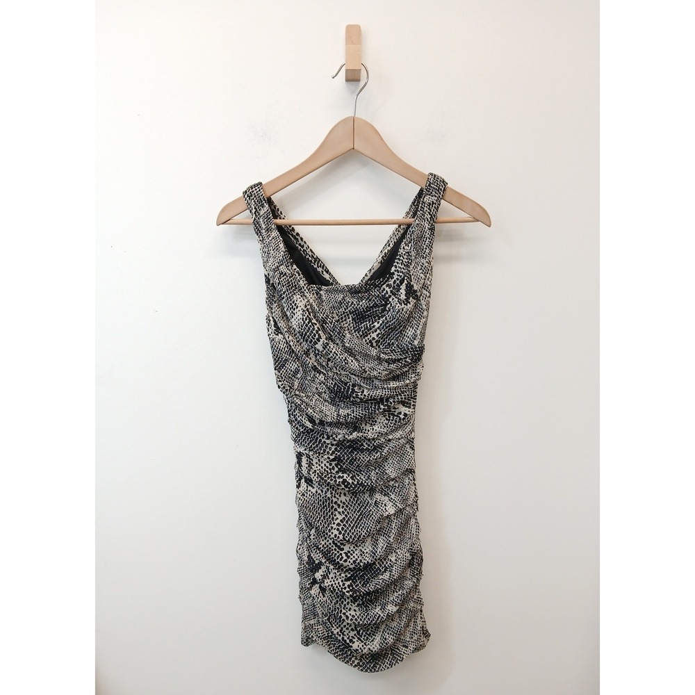 Express Ruched Bodycon Mini Dress Womens Size 0 Black Metallic Snakeskin Print